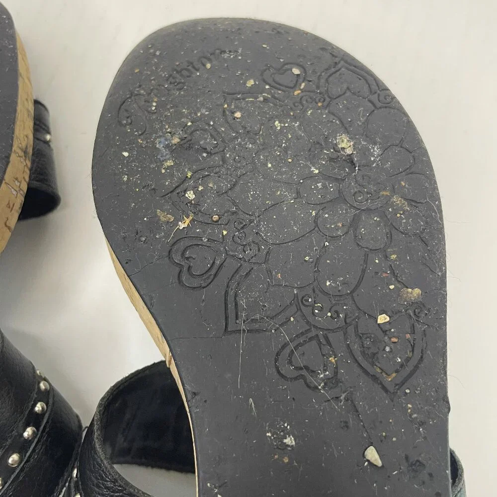 Brighton Sandals Size 9 M Slip On Slides Black Silver Cork Wedge Heel Studded
